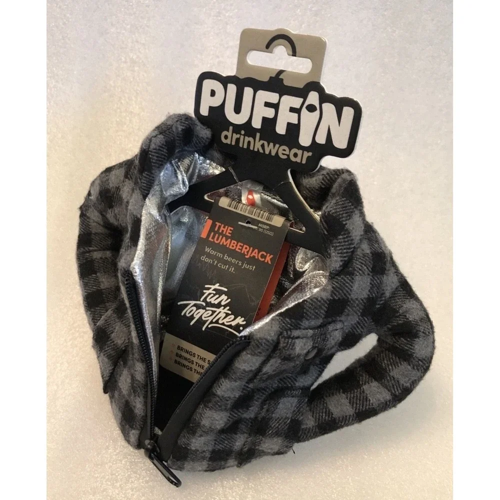 Puffin drinkwear Plaid‎ Pewter Flannel Jacket Shirt Drink Koozie The Lumberjack